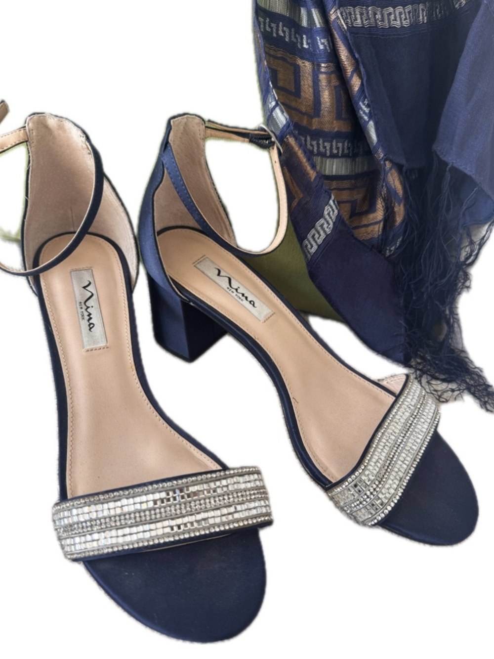 Nina Navy Block Heel Sandals with Silver Beaded Strap